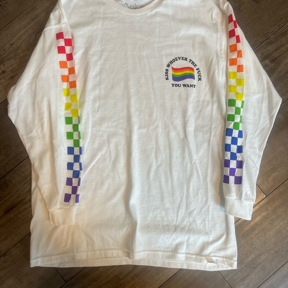 Spencer's White Long Sleeve with Rainbow Checkered Sleeves